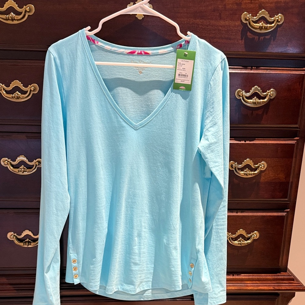 Lilly Pulitzer Aqua V-Neck Long Sleeve Top